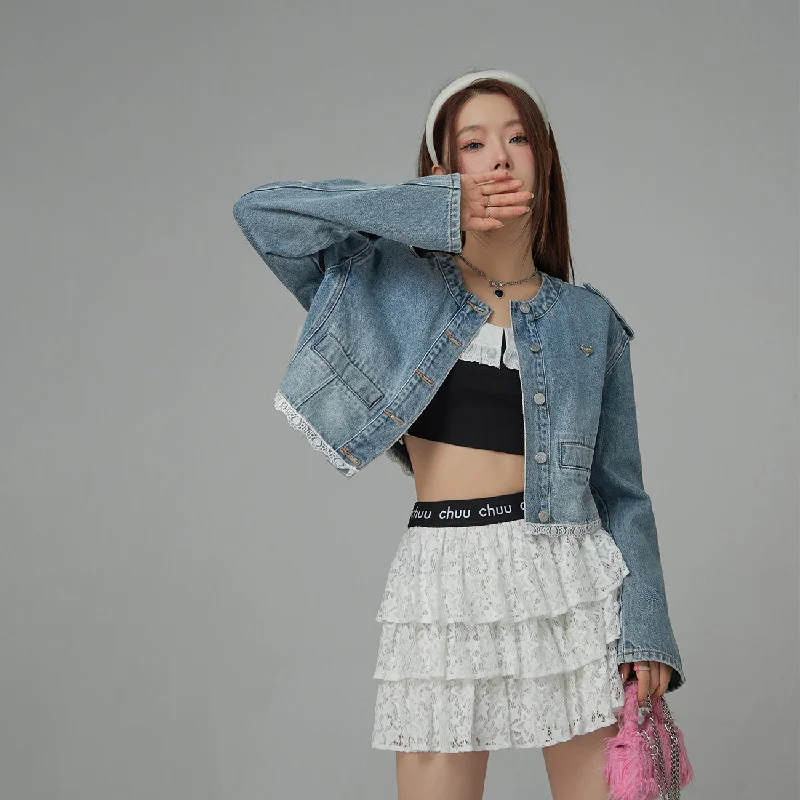 Cozy Fit Lace Detail Cropped Denim Jacket
