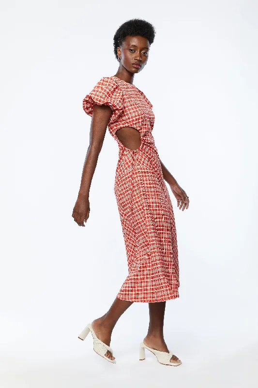 Sports Casual Style PLAID PUFF SLEEVE DRESS WITH CUTOUTS