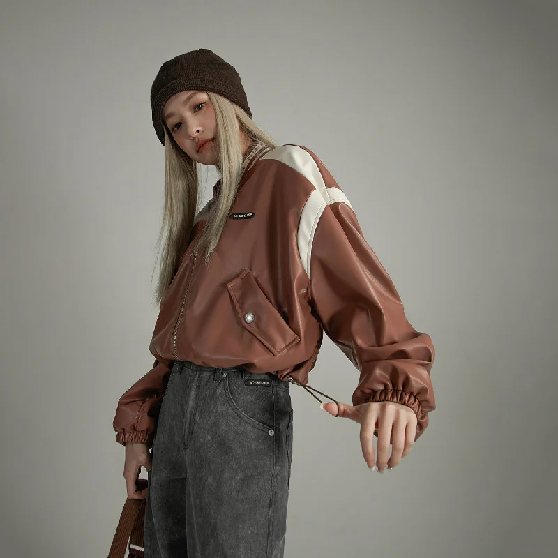 Sweet Style Line Color Combination Leather Jacket