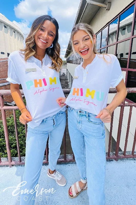 Luxury Fashion Phi Mu PR Colorful Letters Henley Tee