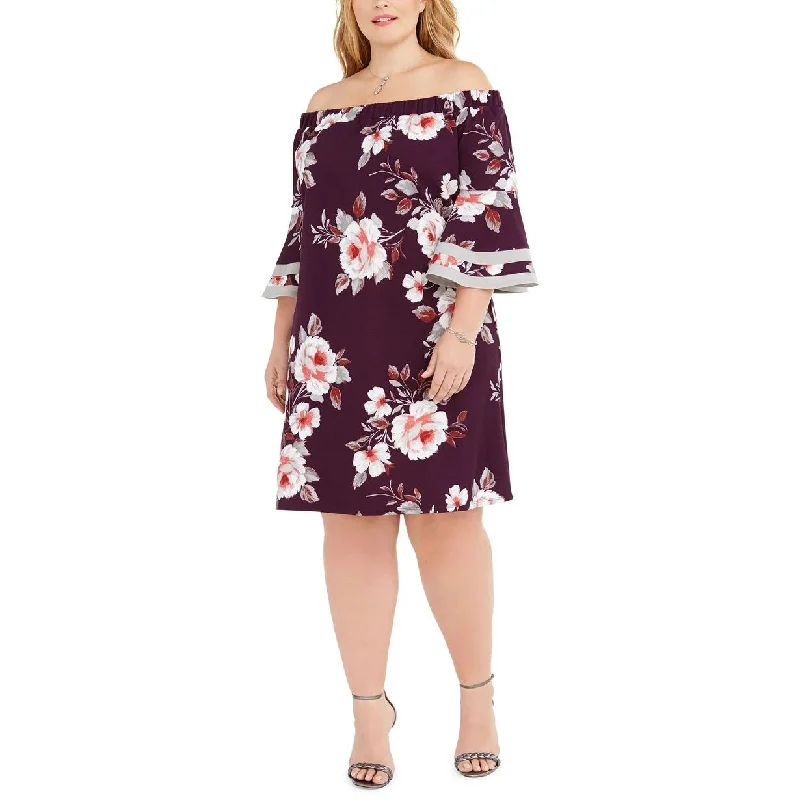 Simple Elegance Love Squared Women's Floral Bell Sleeve Off Shoulder Knee Length Shift Party Dress Purple Size 1X
