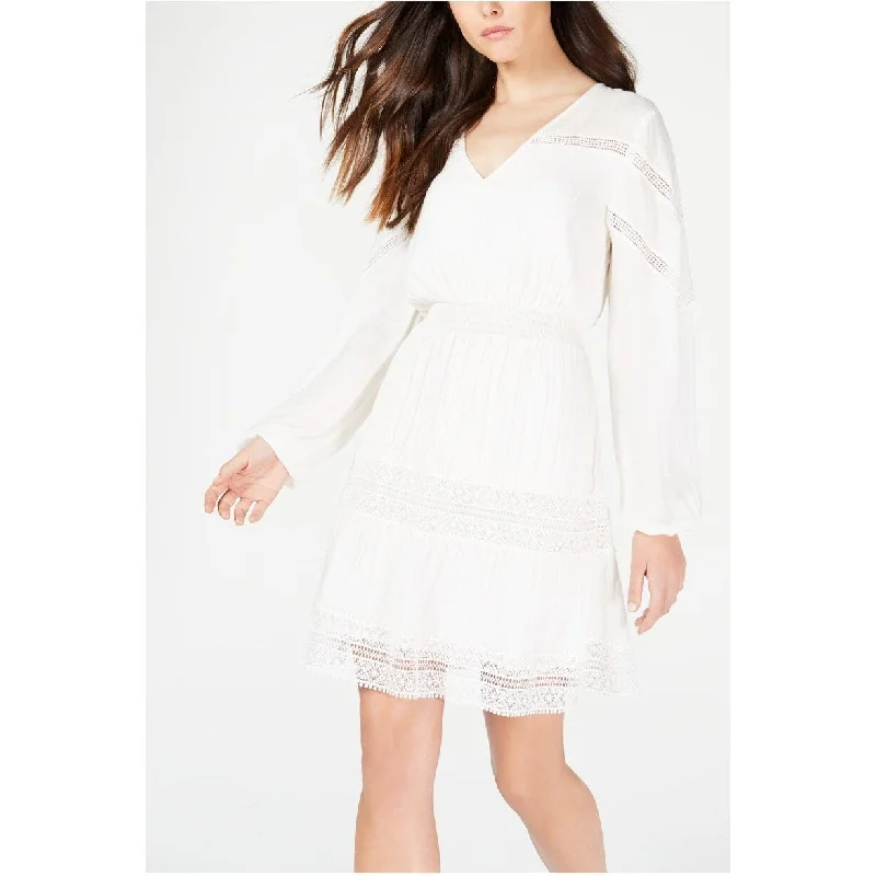 Cool Breeze At Night Guess Women's Short Length Patterned Long Sleeve V Neck Short A Line Party Dress White Size Small
