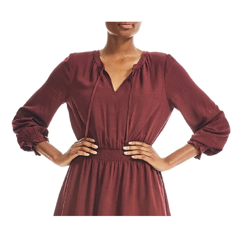 Layered Style Nautica Women's Smocked Long Sleeve Dress Wine Size Medium