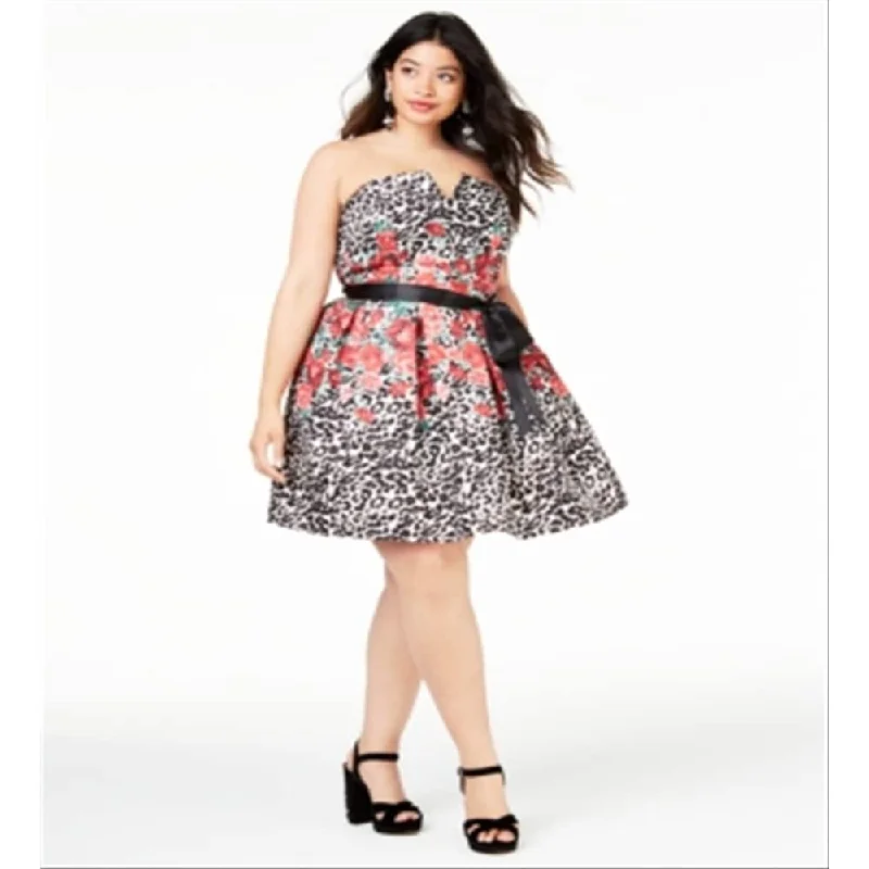 Casual And Comfortable Teeze Me Women's Belted Printed Sleeveless Sweetheart Neckline Knee Length Formal Fit Flare Dress Black Size 22