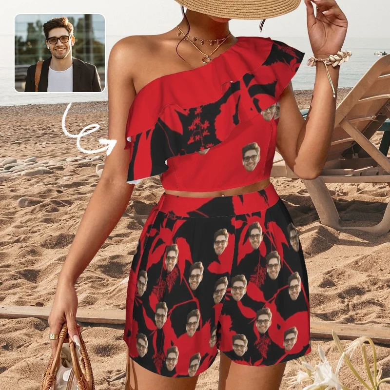 Affordable selection Custom Face Red Black Beach Outfits Personalized Women's One Shoulder Ruffle Trim Top & Shorts Set
