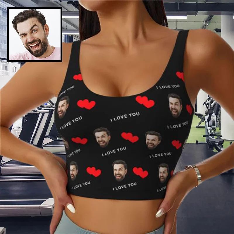 Warm Comfort Custom Husband Face I Love You Red Heart Sports Bra Personalized Women's All Over Print Yoga Sports Bra