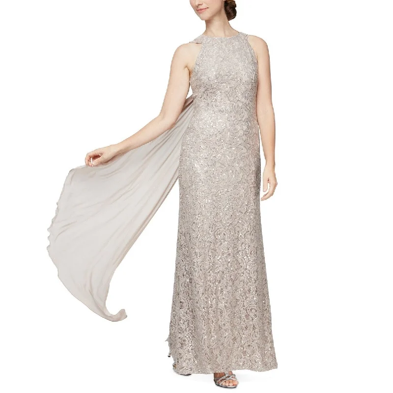Quality Tailoring Alex Evenings Women's Sequin & Lace Drape Back Gown Beige Size 12
