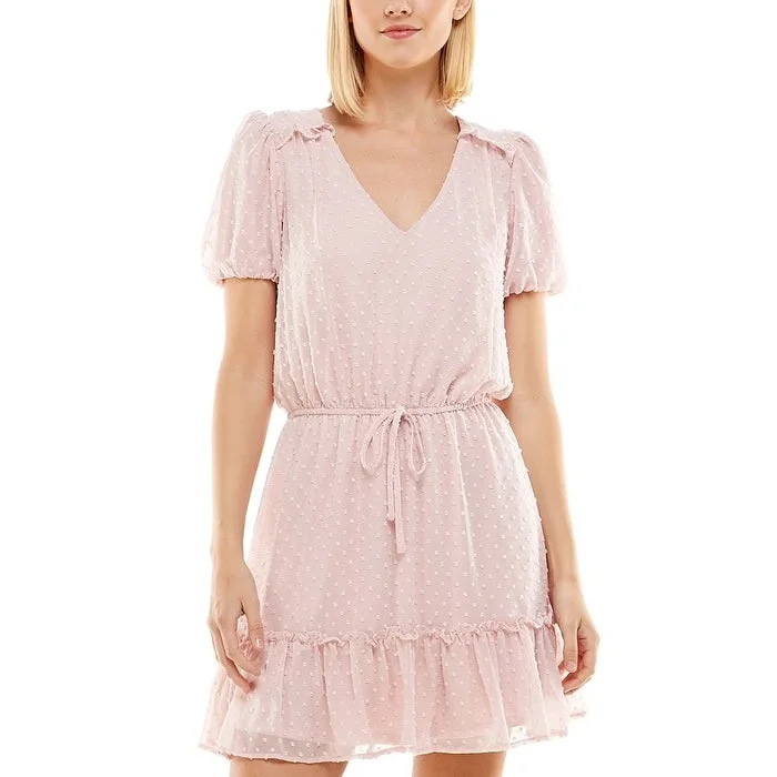 Street Sports Style Crystal Doll Junior's Swiss Dot Drawstring Waist Dress Pink Size Small