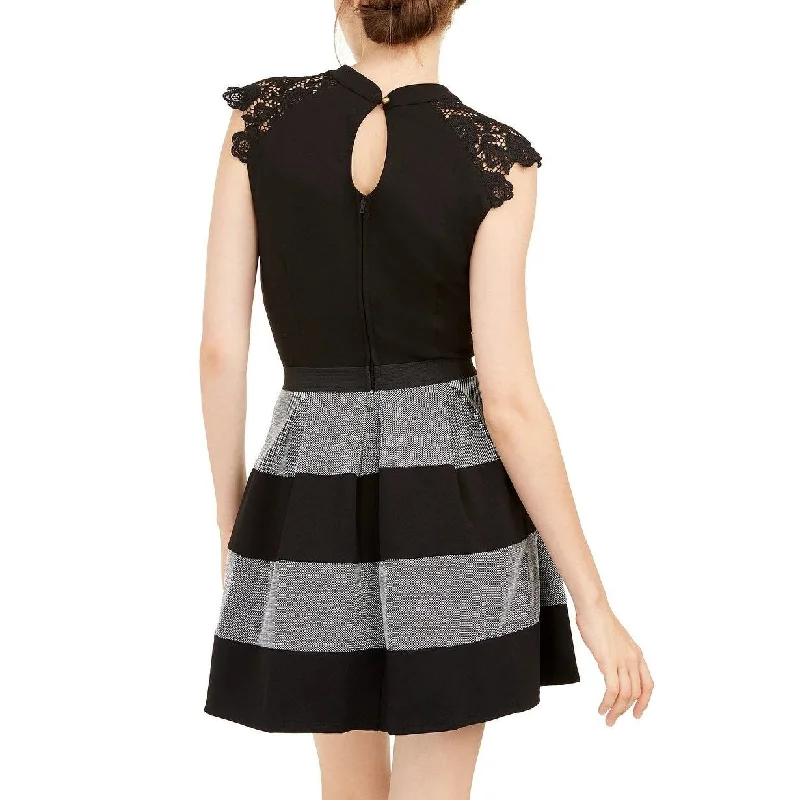 Celebrity Must-have Speechless Junior's Lace Trim Striped Fit & Flare Dress Charcoal Size Large