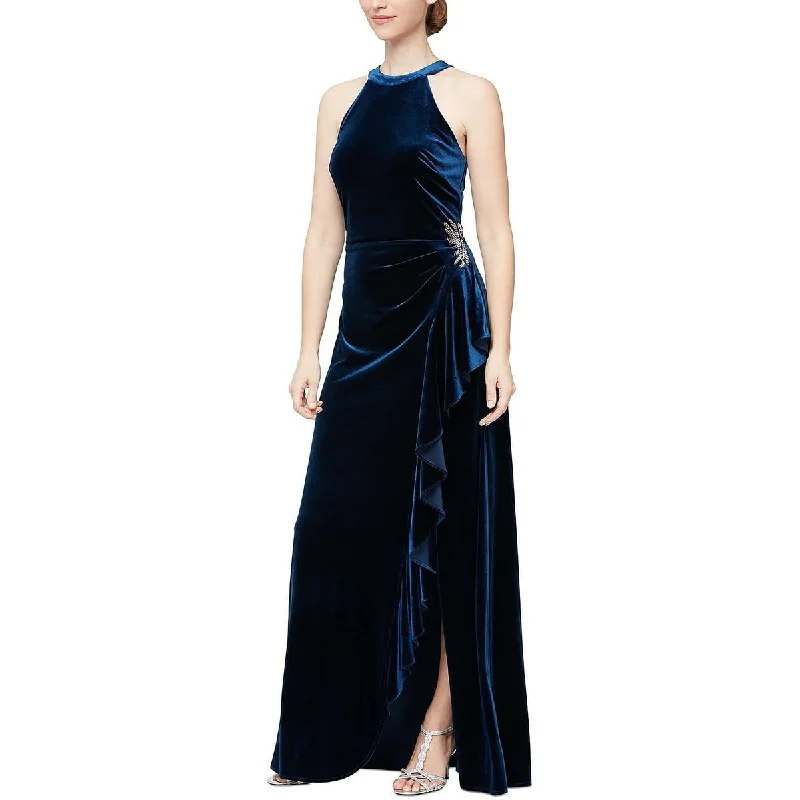 Cozy Outerwear Alex Evenings Women's Velvet Beaded Trim Ruffled Gown Blue Size Medium