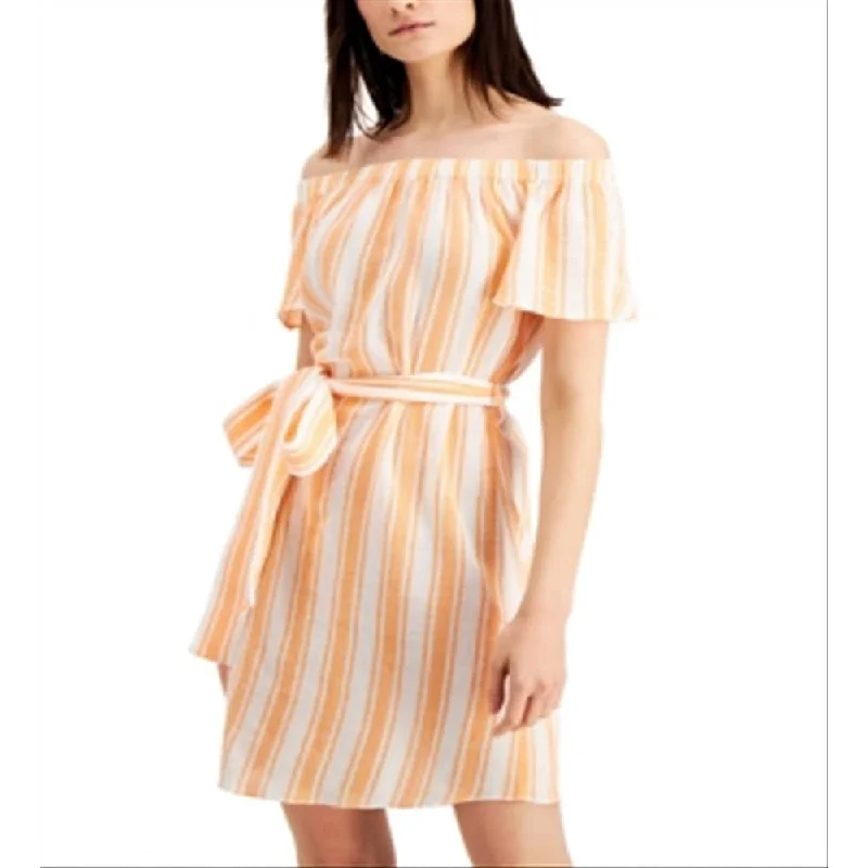 Casual Wear Michael Kors Women's Striped Off The Shoulder Cotton Dress Orange Size Large