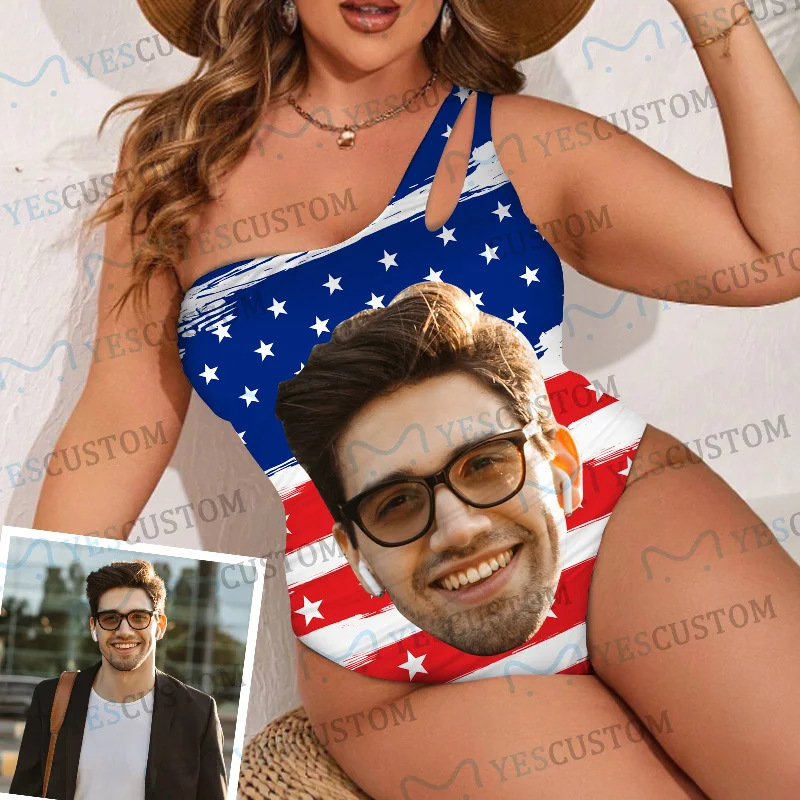 Relaxed And Casual Custom Big Face USA Flag Style Women's One Shoulder Keyhole One Piece Swimsuit Custom Picture Bathing Suit