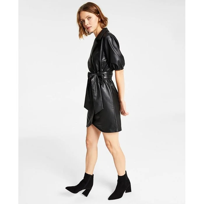 Sports Jacket Bar Iii Women's Faux Leather Faux Wrap Dress Black Size X-Small