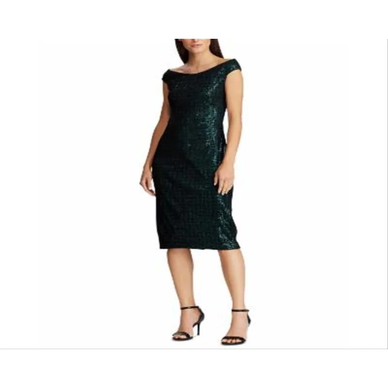 Effortless Style Ralph Lauren Women's Sequined Cap Off Shoulder Tea Length Formal Body Con Dress Green Size 16