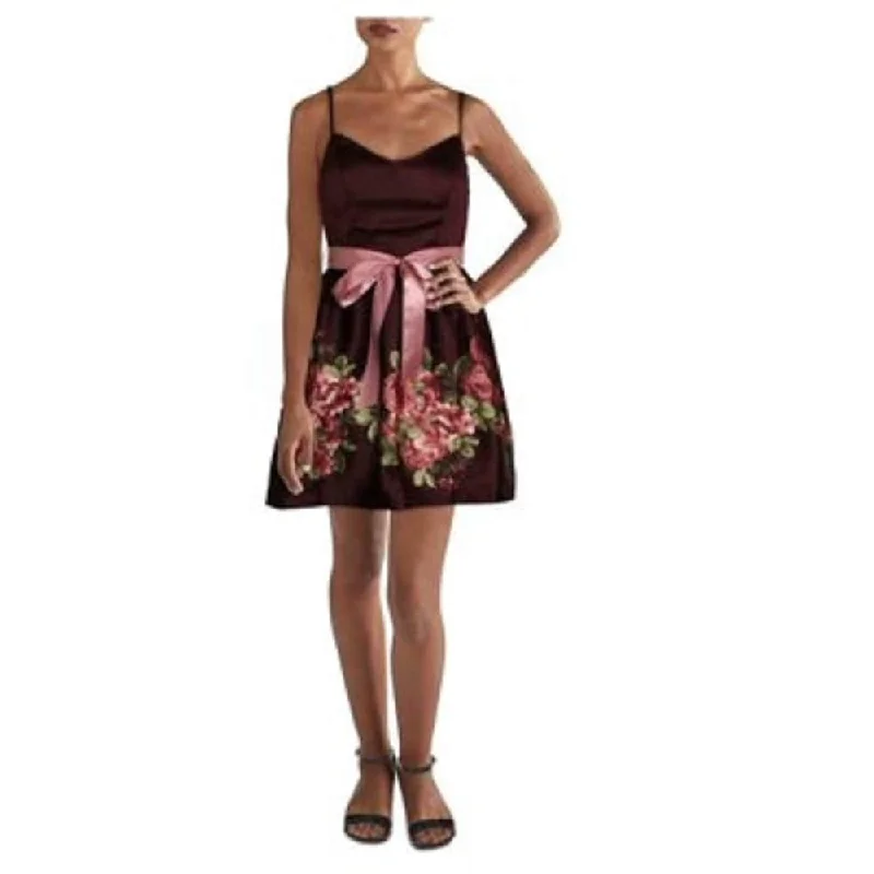 Sports Zipper Style Teeze Me Women's Burgundy Floral Spaghetti Strap Sweetheart Neckline Mini Fit Flare Party Dress Red Size 5