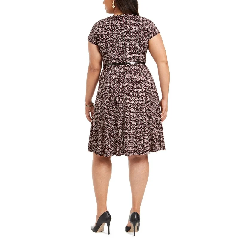 Easy Fashion Jessica Howard Women's Plus Belted Puff Print Dress Black Size 22W