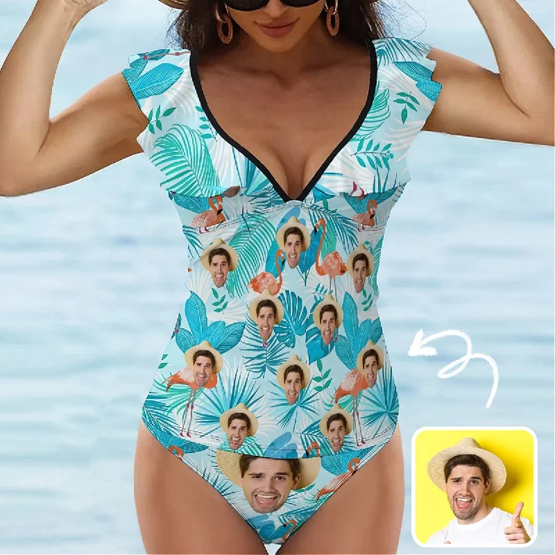 Cozy Outfit Custom Face Palm Leaves V-Neck Ruffle 2-Piece Tankini Swimsuit