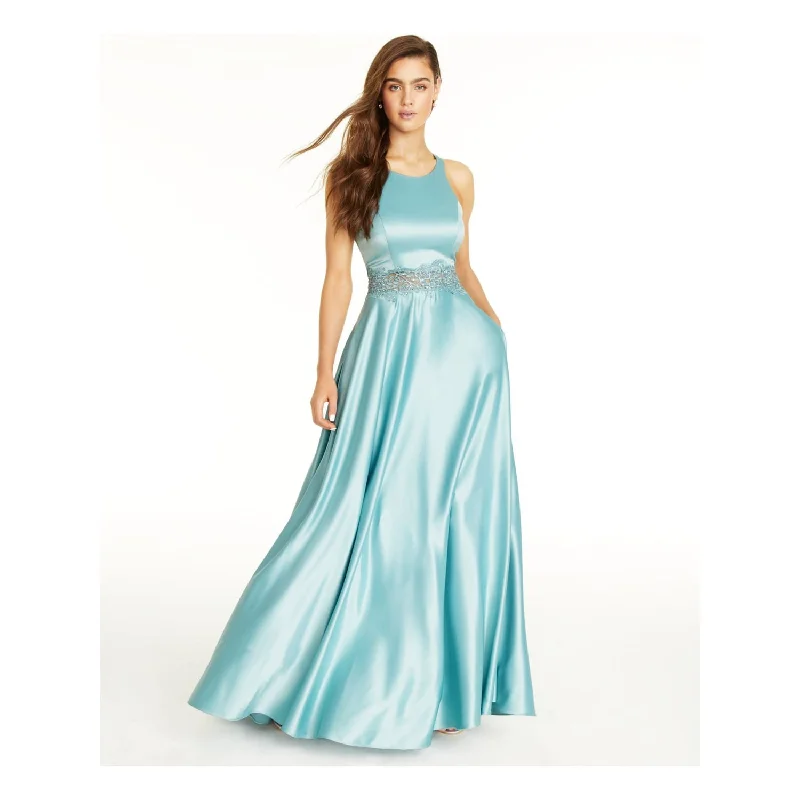Sports Vitality Style City Studio Women's Turquoise Embellished Lace Floral Sleeveless Scoop Neck Full Length Fit Flare Formal Dress Blue Size 1