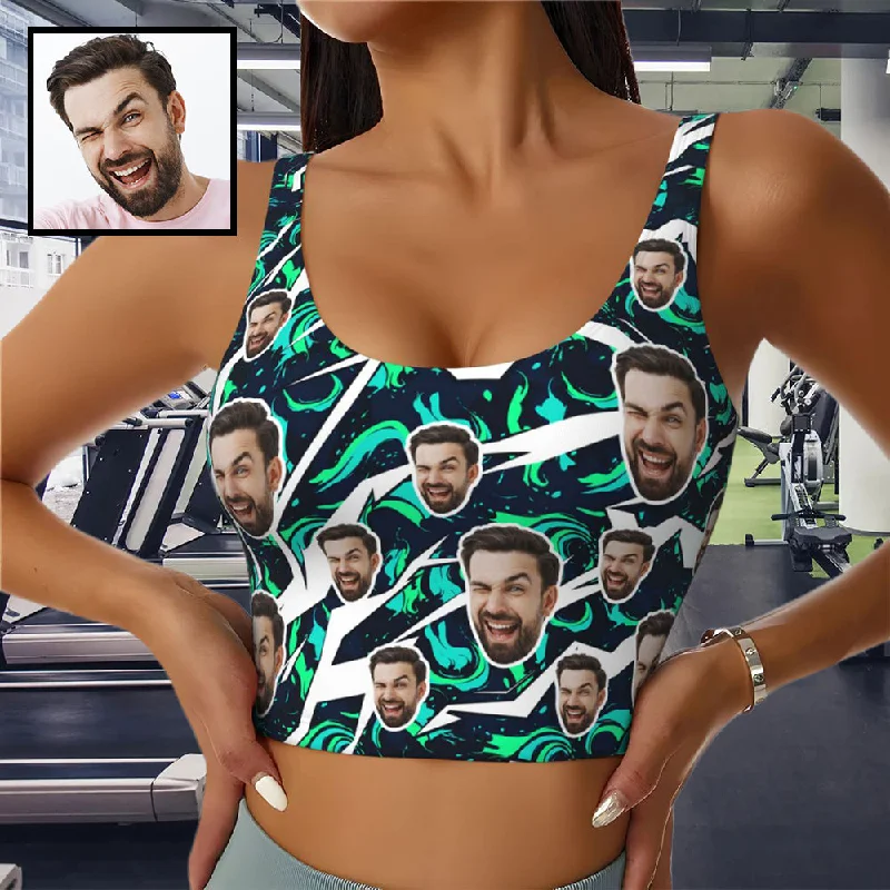 Celebrity Picks Custom Face Green Swirl Sports Bra Personalized Women's All Over Print Yoga Sports Bra