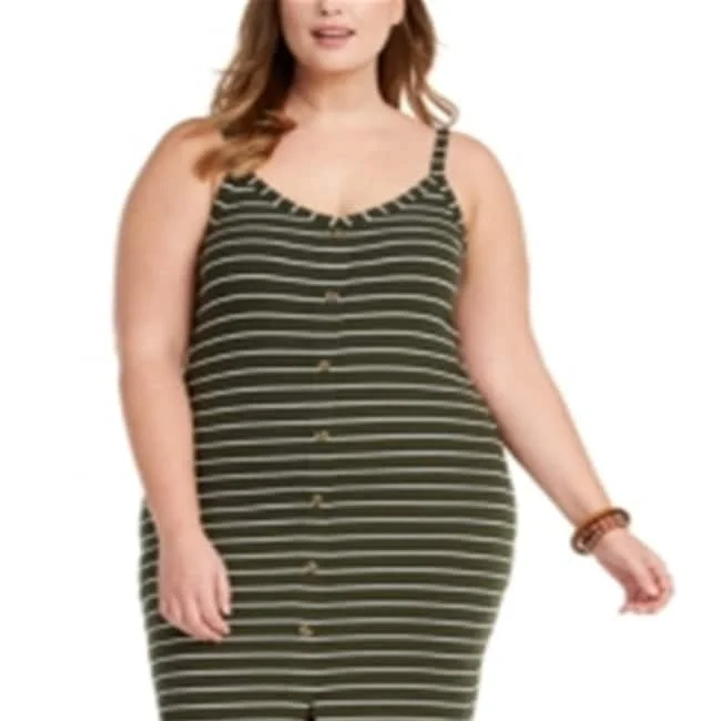 Elegant And Casual Planet Gold Women's Slitted Striped Spaghetti Strap Scoop Neck Tea Length Sheath Dress Green Size 2X