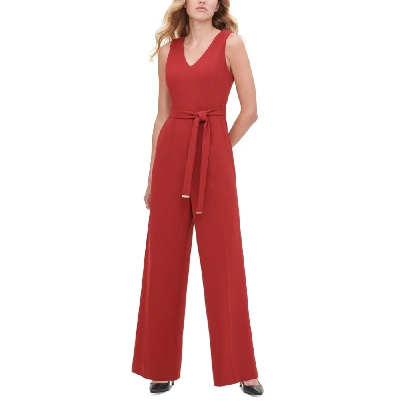 Breathable Design Tommy Hilfiger Women's Belted V Neck Jumpsuit Red Size 4