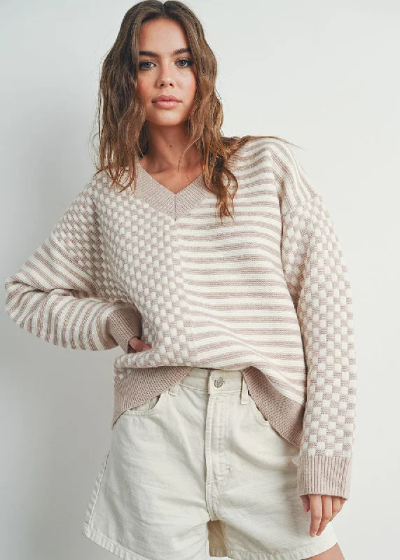 Relaxed Dresses Frenchy Checker Sweater - Ivory & Taupe