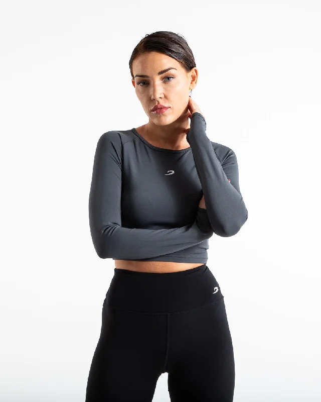 Street Letter Style Training Long Sleeve Crop Top - Charcoal