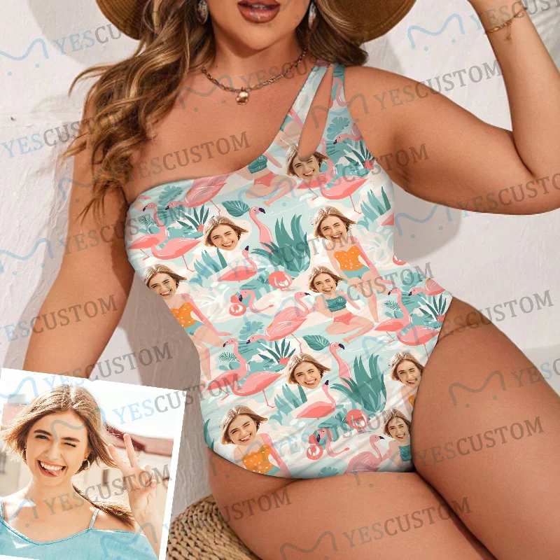 Street Charm Custom Face Flamingo Women's One Shoulder Keyhole One Piece Swimsuit Custom Picture Bathing Suit
