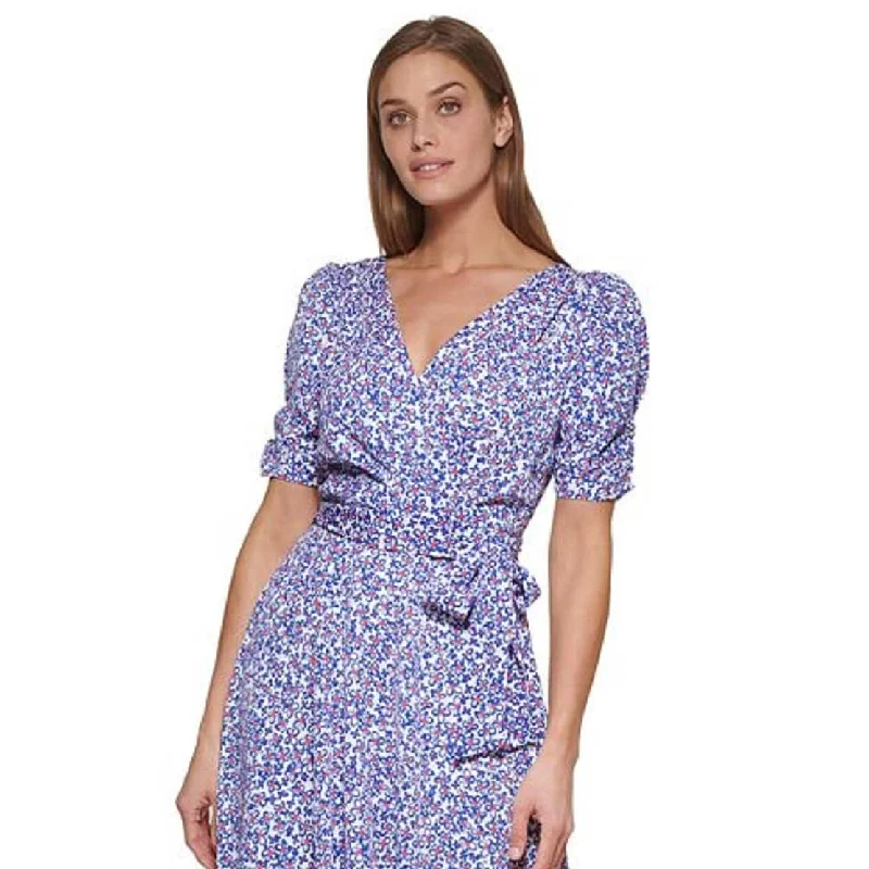 Sweet Breath Dkny Women's Floral Print Ruched Faux Wrap Dress Purple Size 4