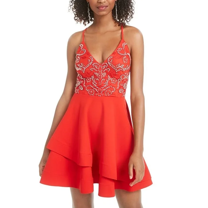 Soft Touch B. Darlin Women's Beaded Spaghetti Strap V Neck Short a Line Cocktail Dress Red Size 1-2
