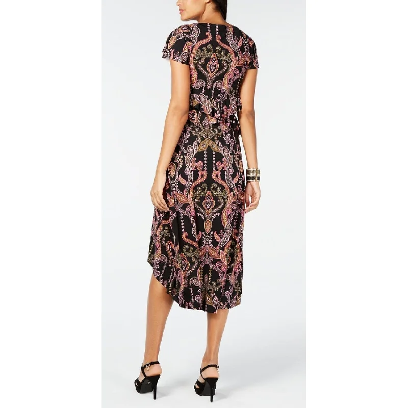 Modern Chic Thalia Sodi Women's Printed Cutout Waist High Low Hem Dress Black Size Large