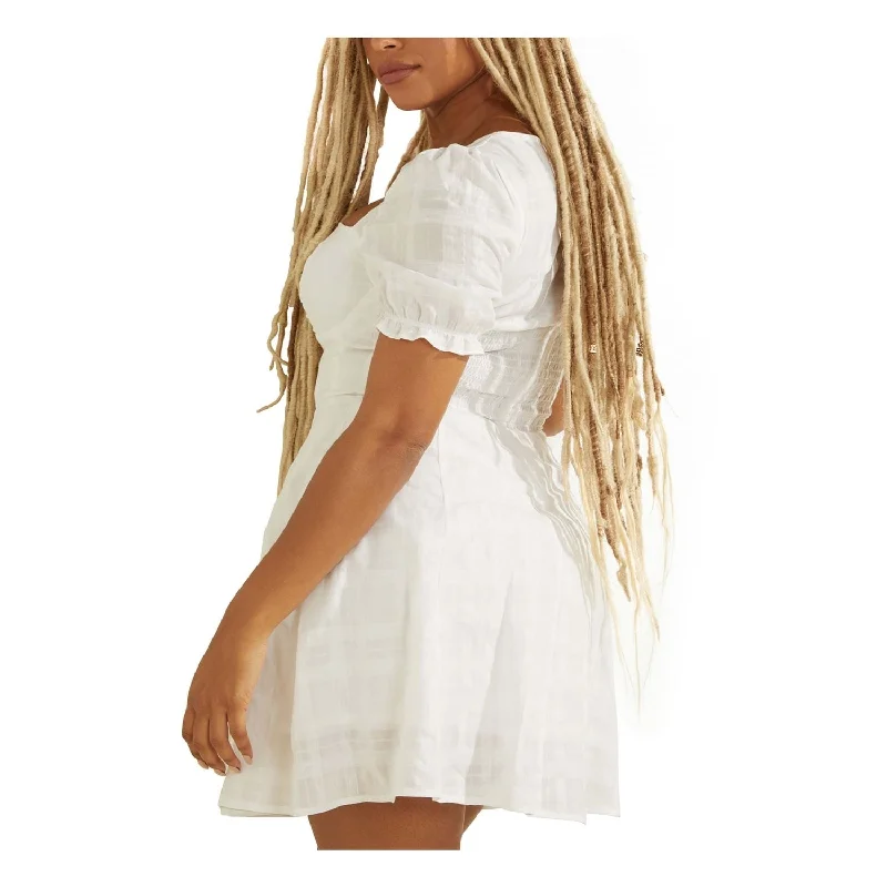 Personalized Wear Guess Women's Smocked Darted Floral Pouf Sleeve Sweetheart Neckline Short Party Fit Flare Dress White Size X-Large