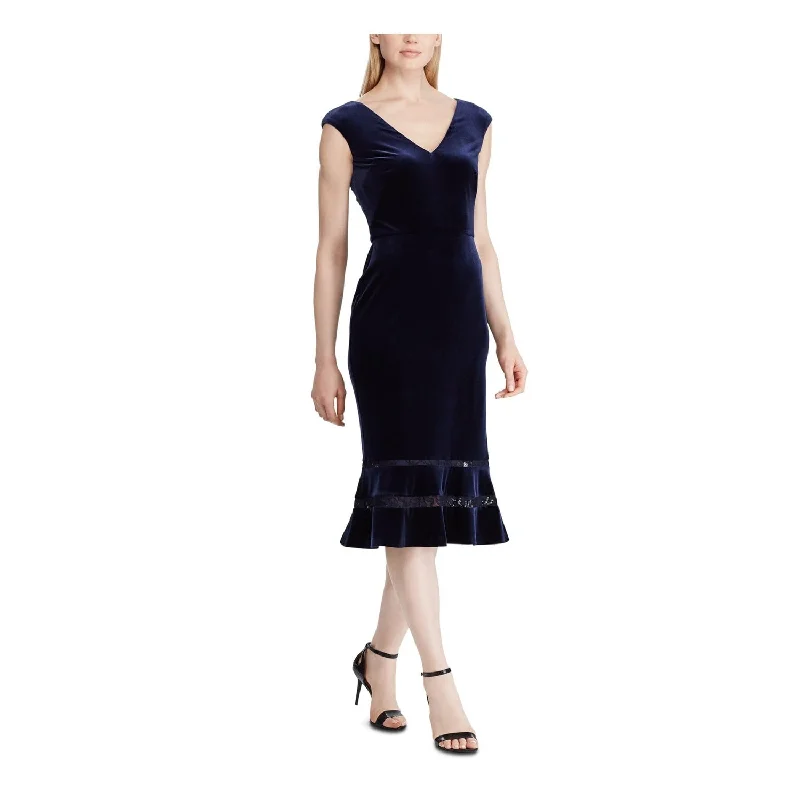 Cozy Vibes RALPH LAUREN Women's Cap Sleeve V Neck MIDI Sheath Evening Dress Navy Size 2