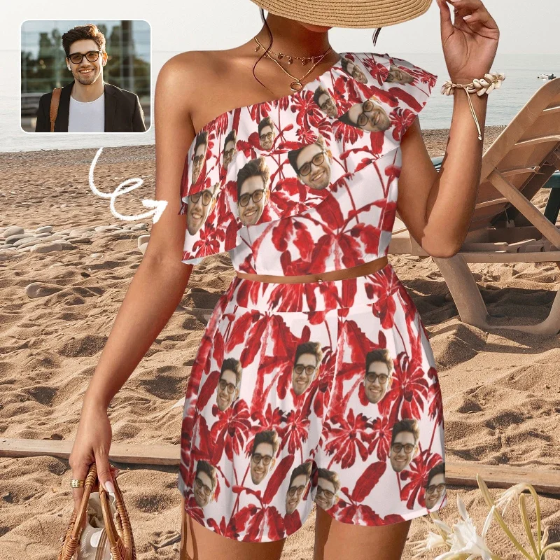 Ultra-lightweight Custom Face Red Leaves Beach Outfits Personalized Women's One Shoulder Ruffle Trim Top & Shorts Set