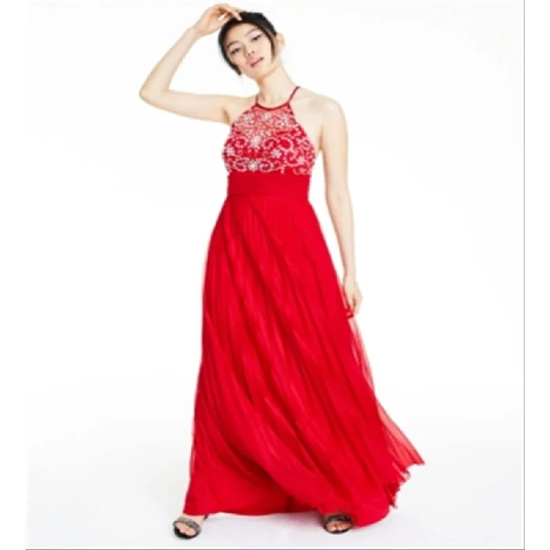Elegant Tailoring B. Darlin Women's Embellished Sleeveless Halter Full Length Prom Fit Flare Dress Red Size 13-14 Elegant Tailoring B. Darlin Women's Embellished Sleeveless Halter Full Length Prom Fit Flare Dress Red Size 13-14