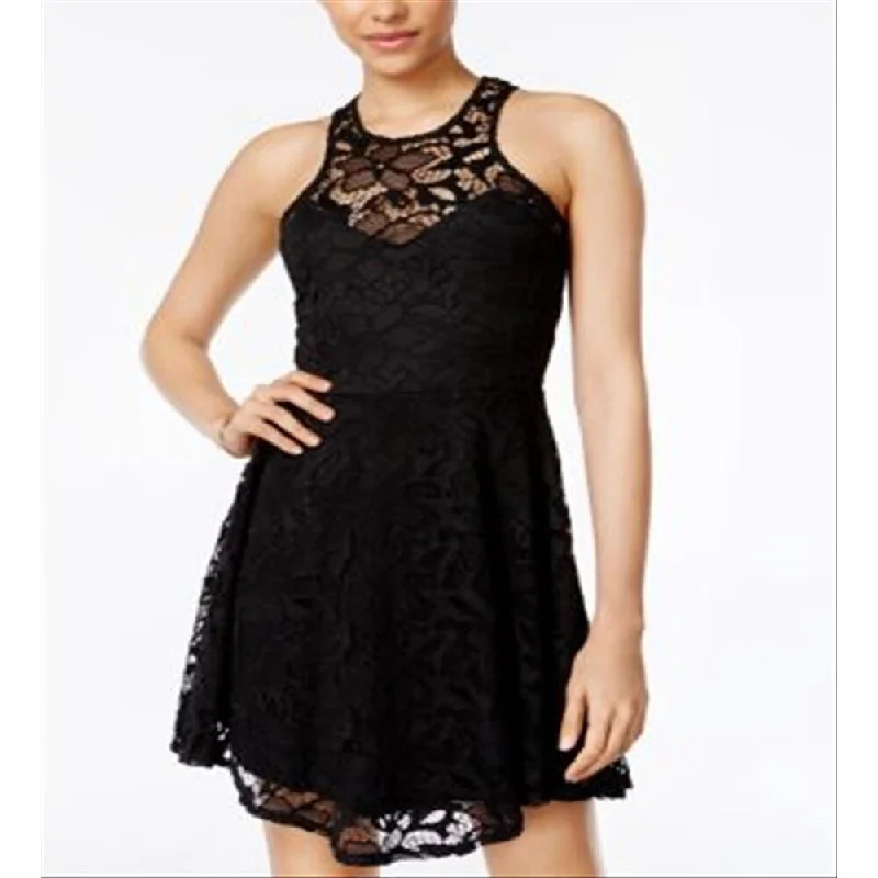 Printing decoration Material Girl Women's Lace Sleeveless Illusion Neckline Party Sheath Dress Black Size Medium
