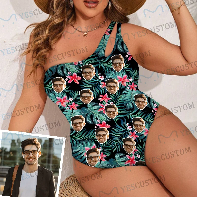 Girl Style Custom Face Pink Flowers Women's One Shoulder Keyhole One Piece Swimsuit Custom Picture Bathing Suit