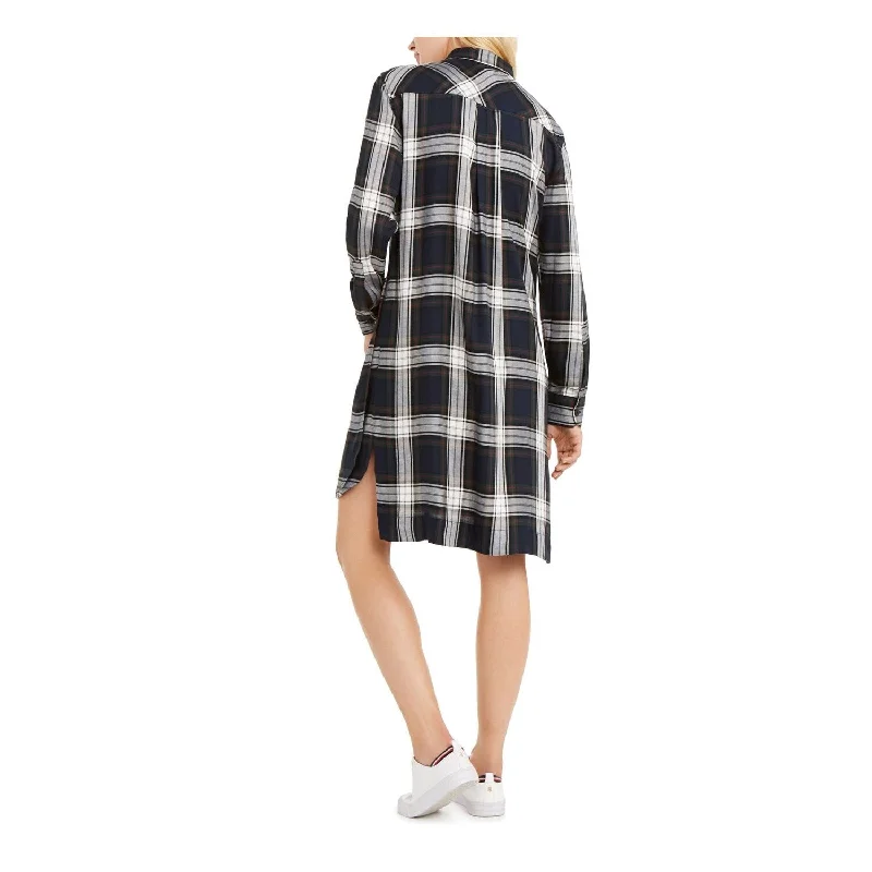 High-end Sense Tommy Hilfiger Women's Plaid Long Sleeve Collared Above The Knee Shirt Dress Dress Blue Size 6
