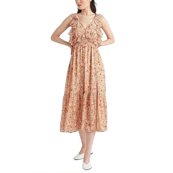 Knitted Design Black Tape Women's Printed Tie Back Ruffled Maxi Dress Orange Size X-Small