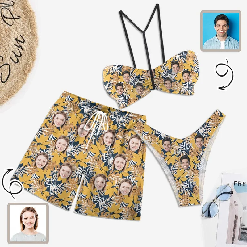 Street Fashion Couple Matching Swimwear Custom Face Yellow Maple Leaves Women's Adjustable Halter Neck Straps Bikini Set & Men's Swim Shorts
