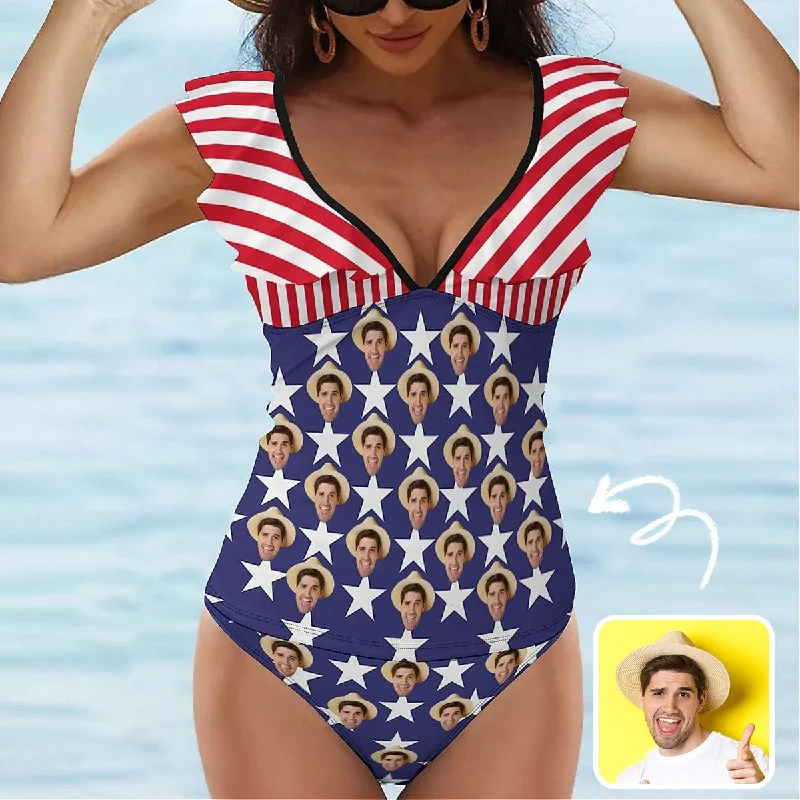 Breathable Comfort Custom Face Stripes & Stars V-Neck Ruffle 2-Piece Tankini Swimsuit