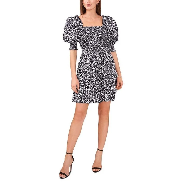 Floral Prints Msk Women's Cotton Printed Puff Sleeve Smoked Bodice Dress Blue Size Small