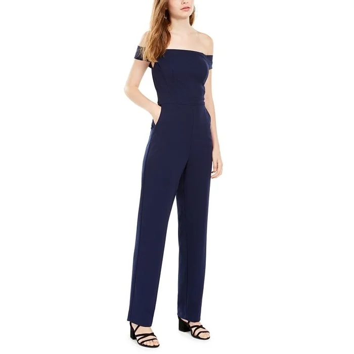 Retro Style Teeze Me Women's Zippered Short Sleeve Off Shoulder Wide Leg Evening Jumpsuit Blue Size 1