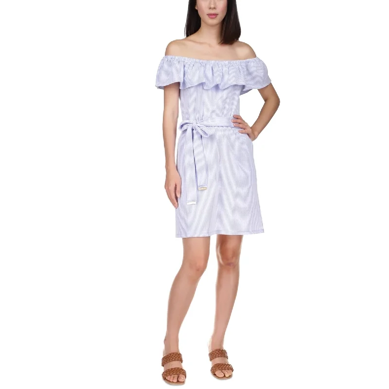 Luxe Comfort Michael Kors Women's Seersucker Off The Shoulder Dress Blue