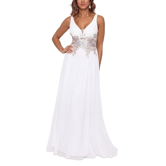 Simple research Betsy & Adam Women's V Neck Mesh Waist Embroidered Chiffon Gown White Size 6