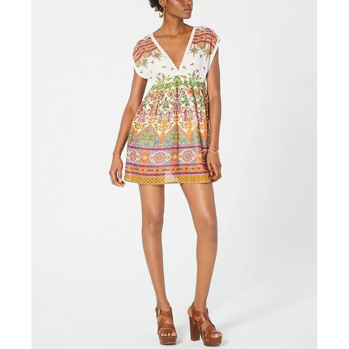 Modern City Raga Women's Printed Short Sleeve V Neck Micro Mini Baby Doll Dress White Size Small