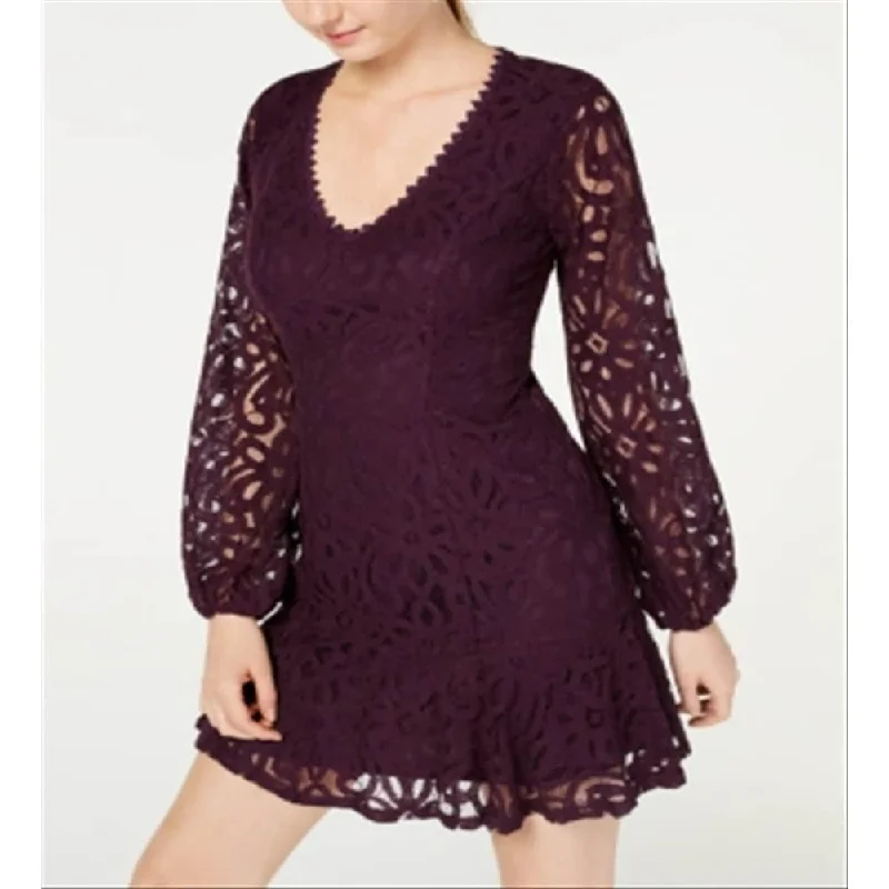 Playful Style City Studios Women's Lace Cut Out Printed Long Sleeve Scoop Neck Micro Mini Evening Trapeze Dress Purple Size 7