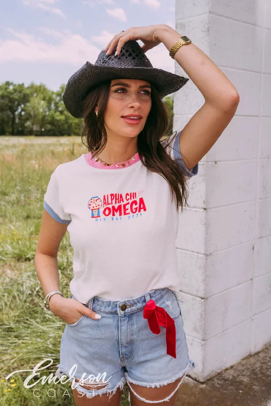 Light And Breathable Alpha Chi Omega Stuck on You Bid Day Ringer Tee