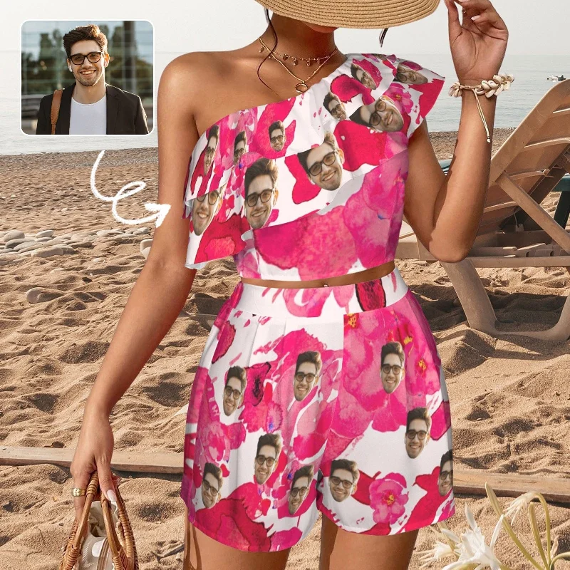 Sweet breath Custom Face Rose Red Flowers Beach Outfits Personalized Women's One Shoulder Ruffle Trim Top & Shorts Set