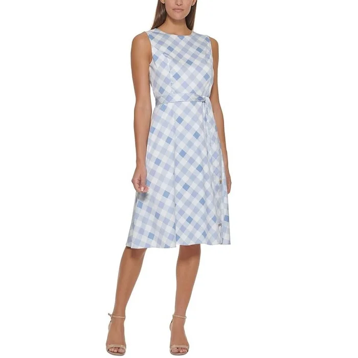 High-end Customization Tommy Hilfiger Women's Belted Midi Fit & Flare Dress Blue Size 12
